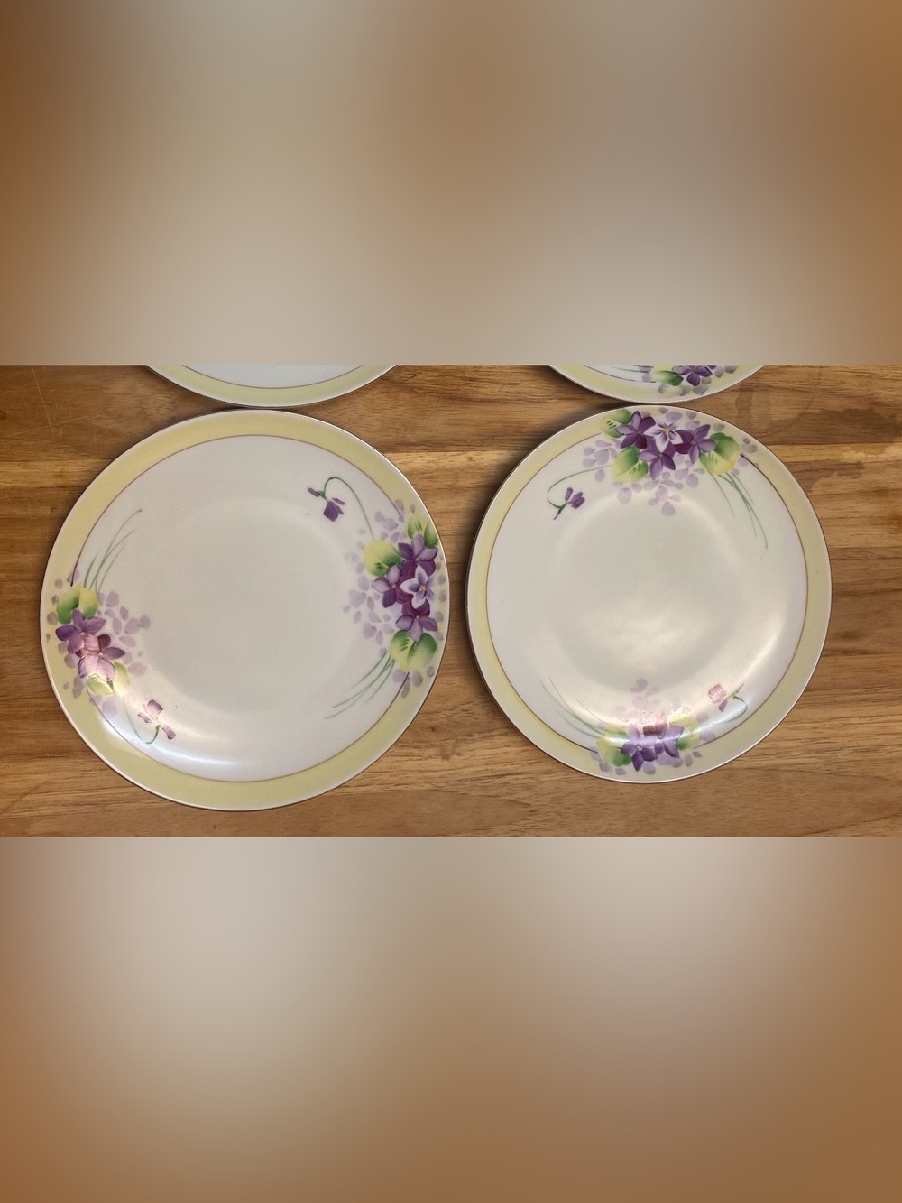 Set Of 4 Vtg Nippon Floral Purple & Yellow Trim Dishes Desert/Salad Plate